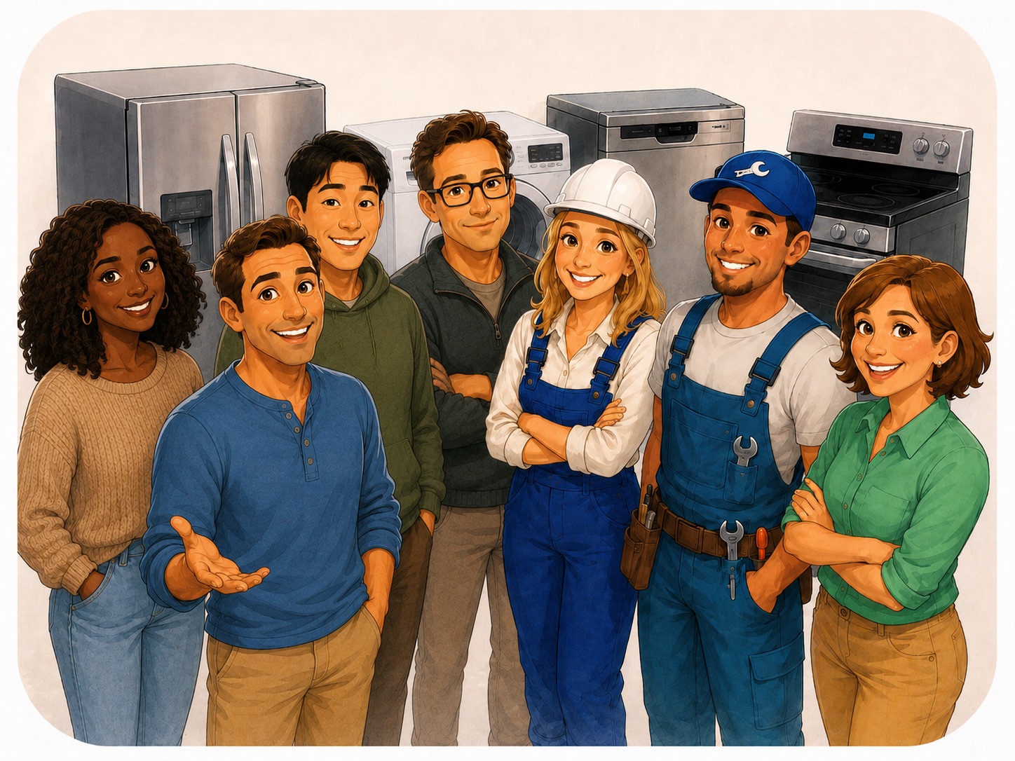 Homeowners and repair pros standing together in front of household appliances